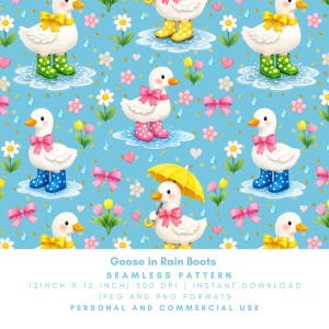 May include: A seamless pattern featuring cartoon geese wearing rain boots and bows, set against a light blue backdrop with flowers, hearts, and raindrops. The geese are in various colored boots, including yellow, green, and blue. The text "Goose in Rain Boots" is at the bottom.