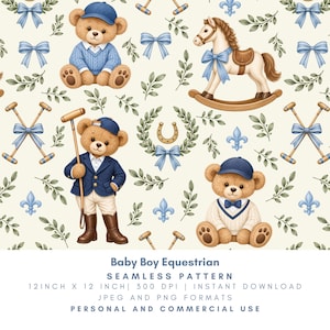 May include: A seamless pattern featuring teddy bears in blue caps and equestrian attire, rocking horses, crossed polo mallets, light blue bows, gold horseshoes, and fleur-de-lis symbols on a cream background. Text reads Baby Boy Equestrian.