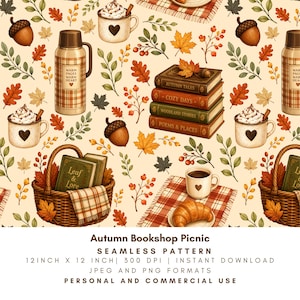 May include: A seamless pattern featuring autumn-themed illustrations including brown acorns, orange and yellow maple leaves, stacks of books titled Autumn Tales, Cozy Days, Woodland Stories, and Poems & Places, plaid thermoses, mugs with hearts, and baskets.