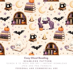 Fantôme confortable lisant le modèle sans couture, papier numérique de bibliothèque d'Halloween, livres effrayants, citrouilles et chauves-souris PNG JPG