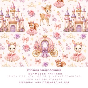 Può includere: Un motivo senza giunture con un castello rosa, una carrozza e animali del bosco, tra cui un cerbiatto, uno scoiattolo e conigli che indossano corone e vestiti rosa. Il design include rose, fiocchi, stelle e bacchette magiche su sfondo chiaro.