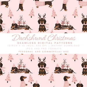 Dachshund Christmas Seamless Pattern, Pink Wiener Dog Digital Paper, Sausage Dog Fabric for Dog Mom Gift, Holiday Doxie POD File