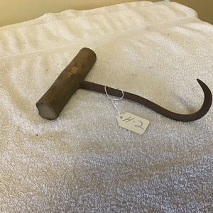 Vintage Antique Cast Iron 9 Ice / Meat / Hay Hook w Wood Wooden Handle