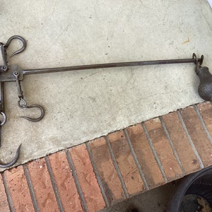Rare 1800s cast iron 3 hooks original counterweight hanging balance beam scales, with sliding counterweight large 31” long