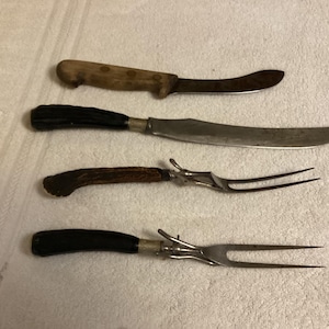 4 very old assorted bone handle Landers butcher knife, old curved blade wood handle butcher knife 2 old bone handle carving forks. L-2.