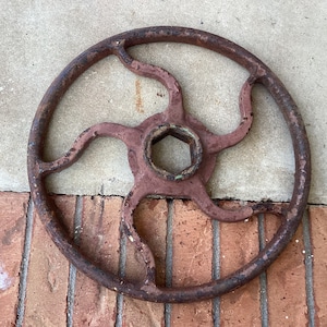antique cast iron architectural salvage red chipping paint industrial round shut off wheel