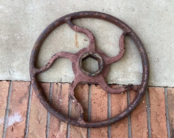 antique cast iron architectural salvage red chipping paint industrial round shut off wheel
