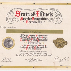 1947 State of Illinois WW11 service recognition certificate award