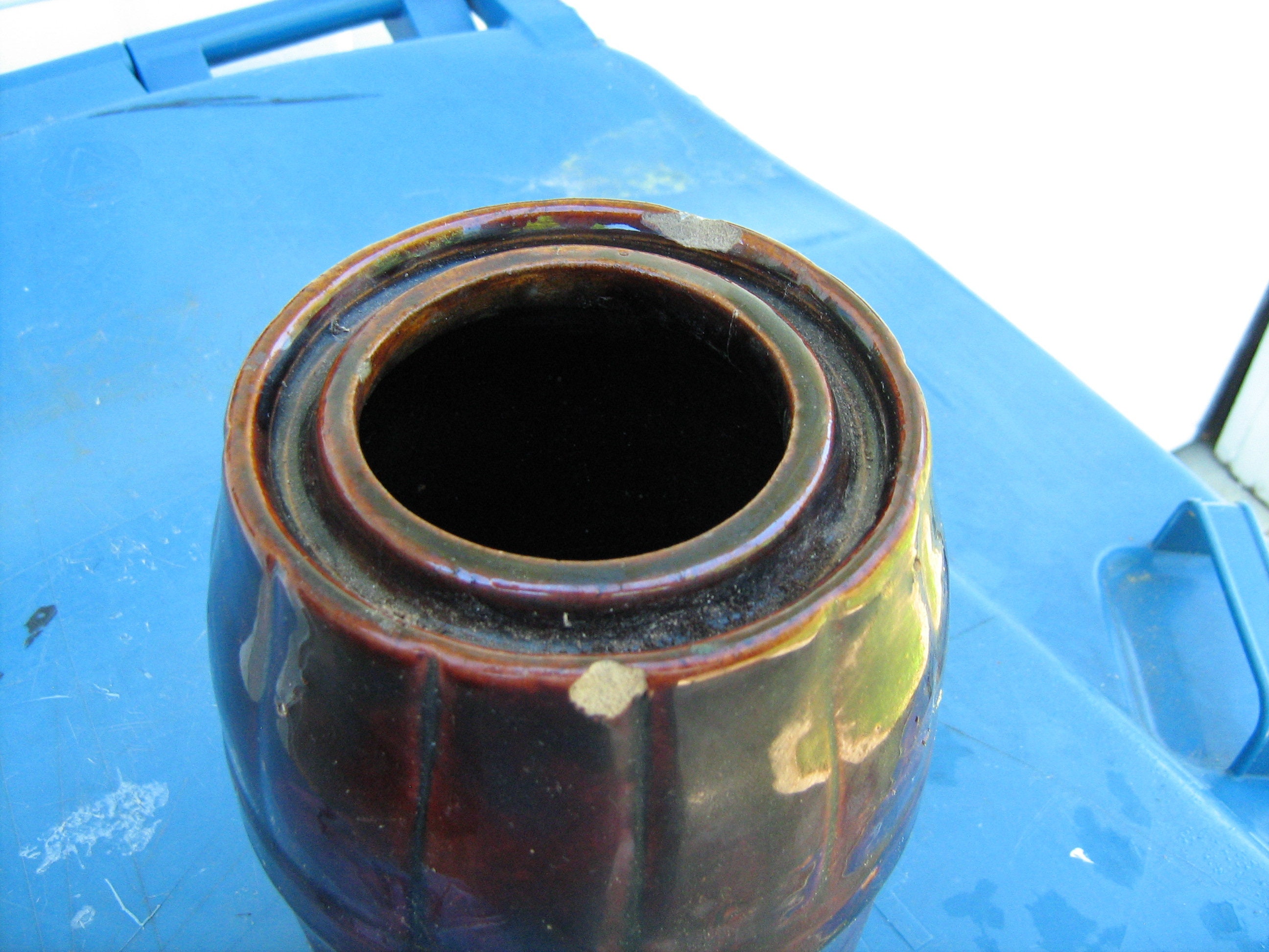 Antique Peoria Pottery Dark  Brown Glazed Stoneware Crock Wax Sealer Fruit Canning