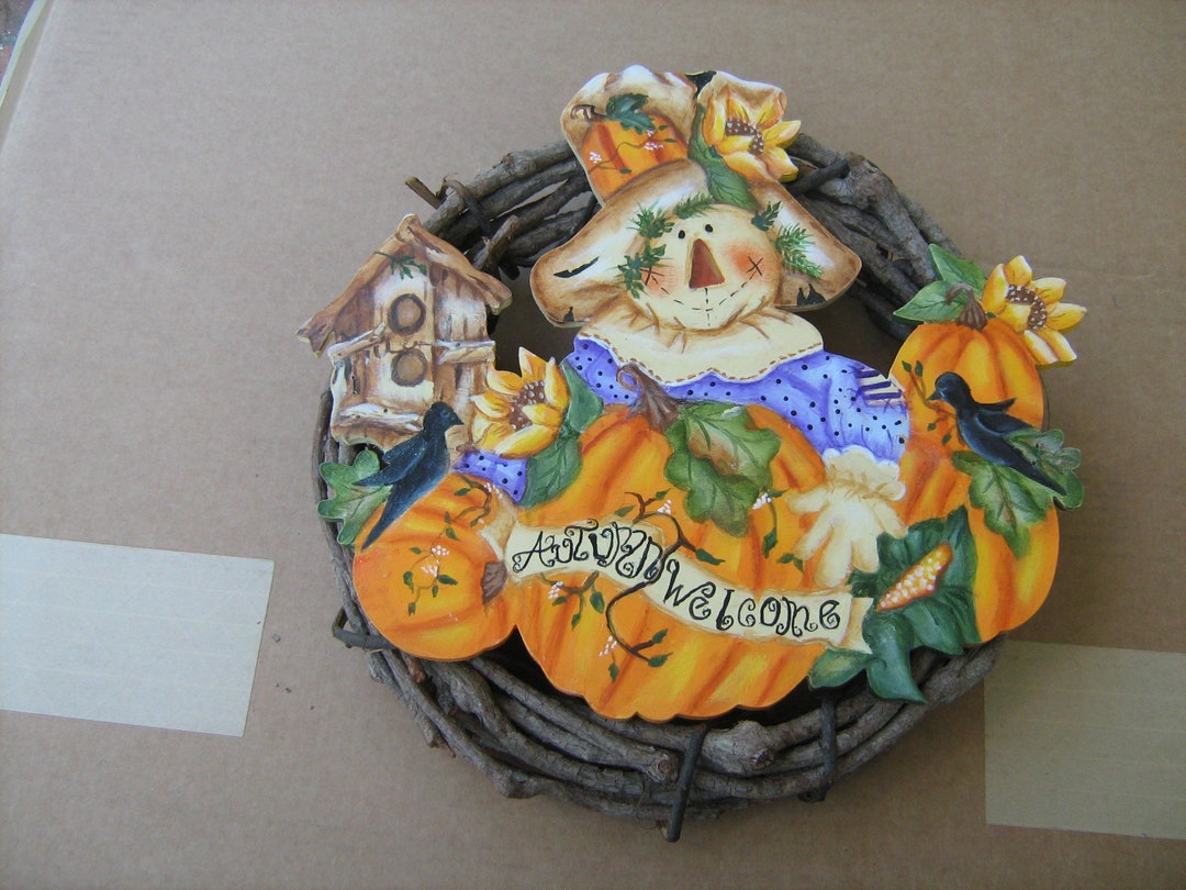 Hand Painted Halloween Wreath With Scarecrow and Pumpkins Signed by the ...