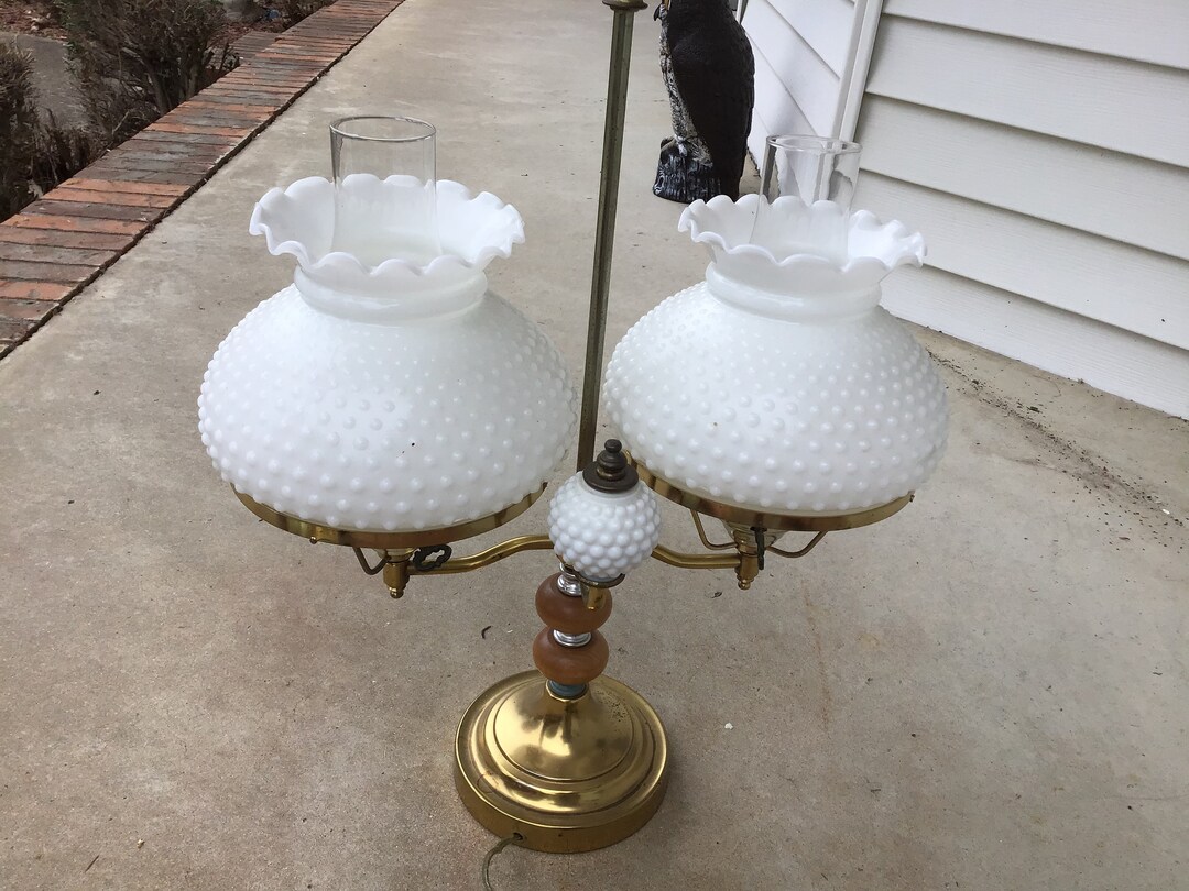 Vintage Double Arm Milk Glass Hobnail Shades With Cleat Hurricane
