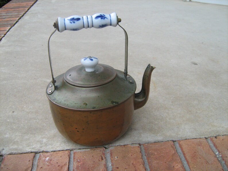 Copper Tea Kettle With Blue and White Ceramic Handle and Knob Etsy