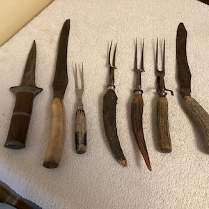 very old 7 assorted some 1800s bone handle knifes and carving forks one Geo. Wostenrolm & son’s IXL Sheffield England knife