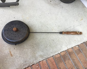 vintage open flame fire pit metal with wood handle popcorn popper