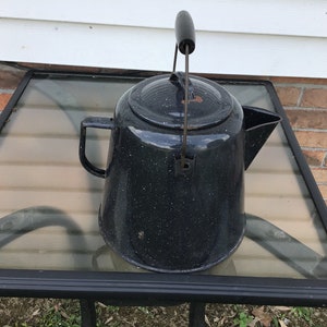 Vintage Metal Enamel Cowboy Coffee Pot White Black Trim Farmhouse Antique