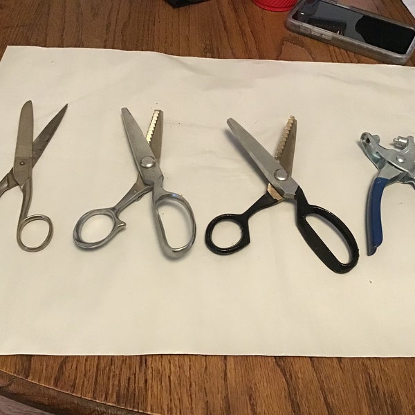 2 Japan pinking shears 1 pr sclingen Durex 280 sewing scissors 1 japan grommet button set pliers