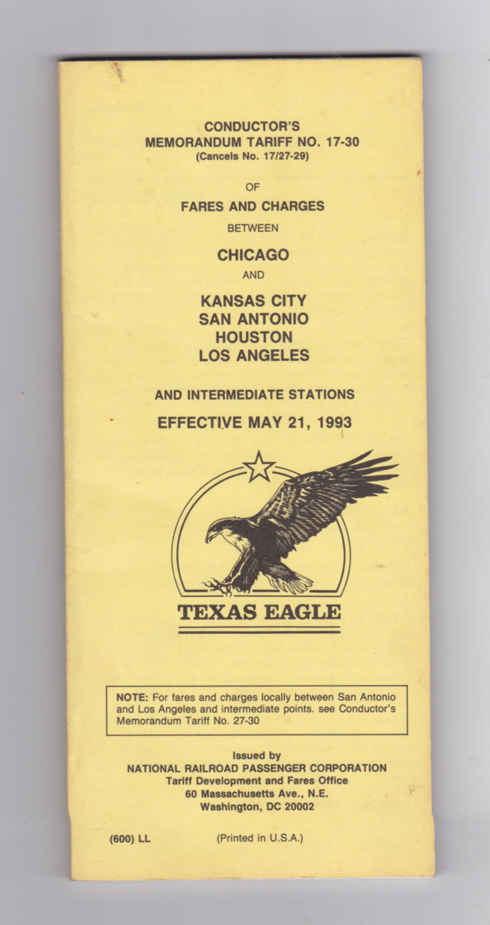 1993 Amtrak Texas Eagle Conductor's Memorandum Tariff of Etsy