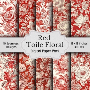 Paquete de papel digital floral Toile rojo, Toile de Jouy, 10 patrones sin costuras, fondos chinoiserie rojo, blanco y beige, papel para álbum de recortes digital