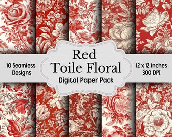 Red Toile Floral Digital Paper Pack, Toile de Jouy, 10 Seamless Patterns, Red White Beige Chinoiserie Backgrounds, Digital Scrapbook Paper