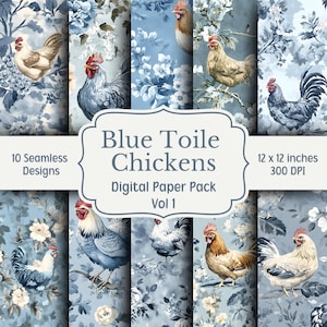 Blue Toile Chickens Digital Paper Pack, Toile de Jouy, 10 Seamless Patterns, Blue Floral Chinoiserie Backgrounds, Digital Scrapbook Paper