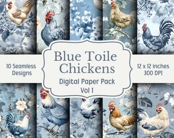 Blue Toile Chickens Digital Paper Pack, Toile de Jouy, 10 Seamless Patterns, Blue Floral Chinoiserie Backgrounds, Digital Scrapbook Paper