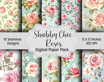 Paquete de papel digital Shabby Roses, papel digital floral, 10 patrones sin costuras, fondo floral, papel de álbum de recortes digital Vintage Roses
