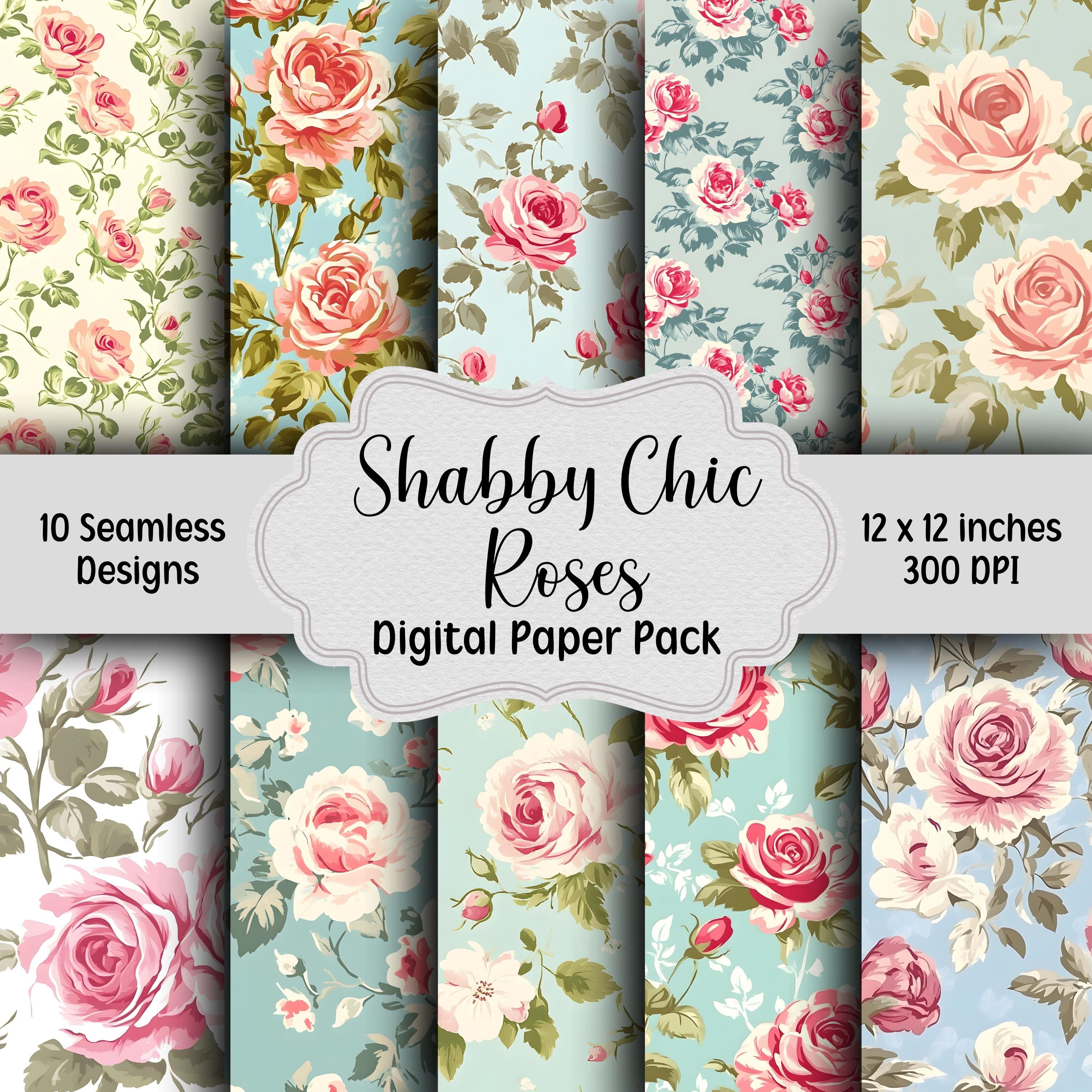 Shabby Roses Digital Paper Pack, Floral Digital Paper, 10 Seamless ...