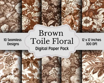 Brown Toile Floral Digital Paper Pack, Toile de Jouy, 10 Seamless Patterns, Brown and White Chinoiserie Backgrounds, Digital Scrapbook Paper