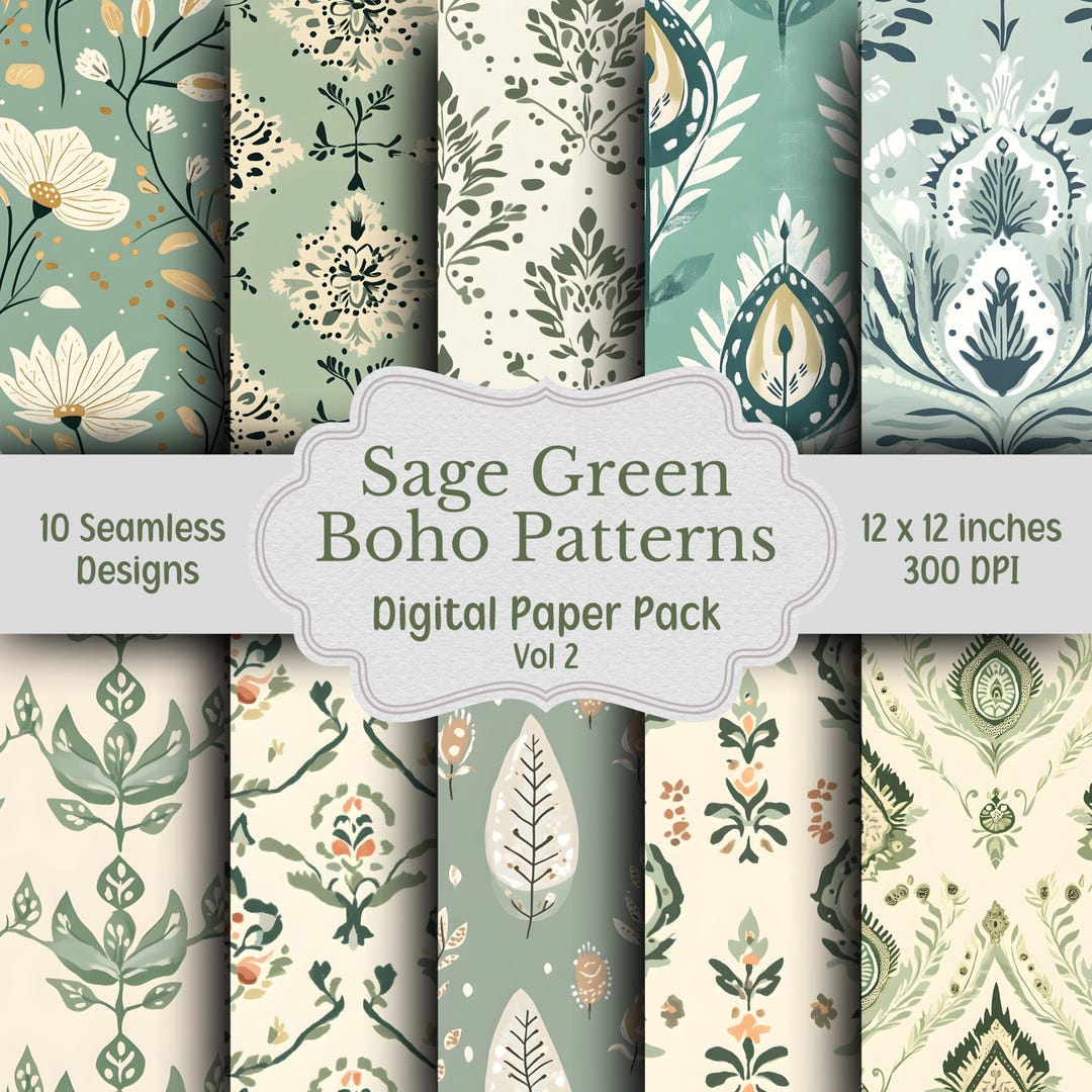 Sage Green Boho Patterns Digital Paper Pack, Boho Floral Patterns, 10 ...