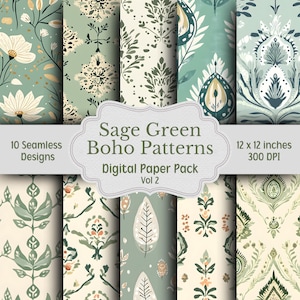 Sage Green Boho Patterns Digital Paper Pack, Boho Floral Patterns, 10 Seamless Patterns, Watercolor Boho Backgrounds, Printable Paper