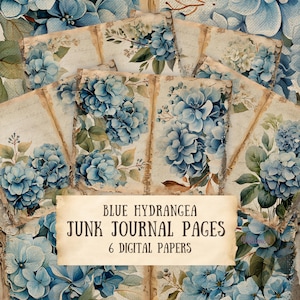 Könnte beinhalten: Sechs digitale Papiere mit blauen Hortensienblüten auf einem Vintage-Hintergrund mit Textur. Die Papiere sind perfekt für Scrapbooking, Kartenherstellung und andere Papierarbeiten.