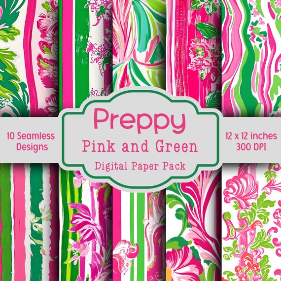Preppy Pink and Green Digital Paper Bundle, 10 Seamless Designs, Junk Journal Paper, Scrapbook Printable Paper, Watercolor Floral Paper Pack