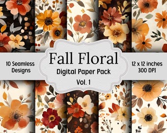 Fall Floral Digital Paper Bundle, 10 Seamless Patterns, Junk Journal Paper, Printable Digital Paper Pack, Autumn Flowers Scrapbook Paper