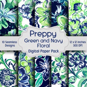 Preppy Green and Navy Digital Paper Bundle, 10 Seamless Designs, Junk Journal Paper, Scrapbook Printable Paper, Watercolor Floral Paper Pack