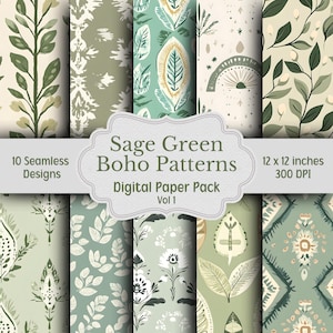Sage Green Boho Patterns Digital Paper Pack, Boho Floral Patterns, 10 Seamless Patterns, Watercolor Boho Backgrounds, Printable Paper