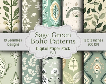 Confezione di carta digitale con motivi boho verde salvia, motivi floreali boho, 10 motivi senza soluzione di continuità, sfondi boho acquerellati, carta stampabile