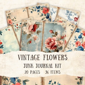 Junk Journal Kit, Vintage Blumen Druckbare Seiten, Floral Junk Journal Kit, Journal Seiten, Digitale Papiere, Ephemera, Folio, Umschläge, Tags