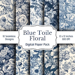 Blue Toile Floral Digital Paper Pack, Toile de Jouy, 10 Seamless Patterns, Blue and White Chinoiserie Backgrounds, Digital Scrapbook Paper
