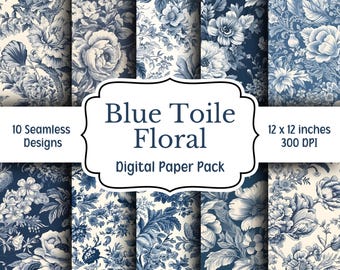 Blue Toile Floral Digital Paper Pack, Toile de Jouy, 10 Seamless Patterns, Blue and White Chinoiserie Backgrounds, Digital Scrapbook Paper