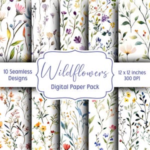 Wildflower Digital Paper Bundle, 10 Seamless Patterns, Watercolor Wildflowers Background, Scrapbook Papers, Junk Journal, Spring Floral
