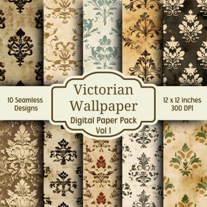 Victorian Wallpaper Digital Paper Bundle, 10 Seamless Designs, Junk Journal Paper, Scrapbook Printable Paper, Victorian Grunge Digital Paper