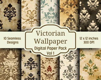 Victorian Wallpaper Digital Paper Bundle, 10 Seamless Designs, Junk Journal Paper, Scrapbook Printable Paper, Victorian Grunge Digital Paper