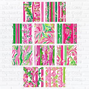 May include: A digital paper pack with 10 different patterns featuring pink, green and white floral designs. The patterns are perfect for scrapbooking, card making and other crafting projects.