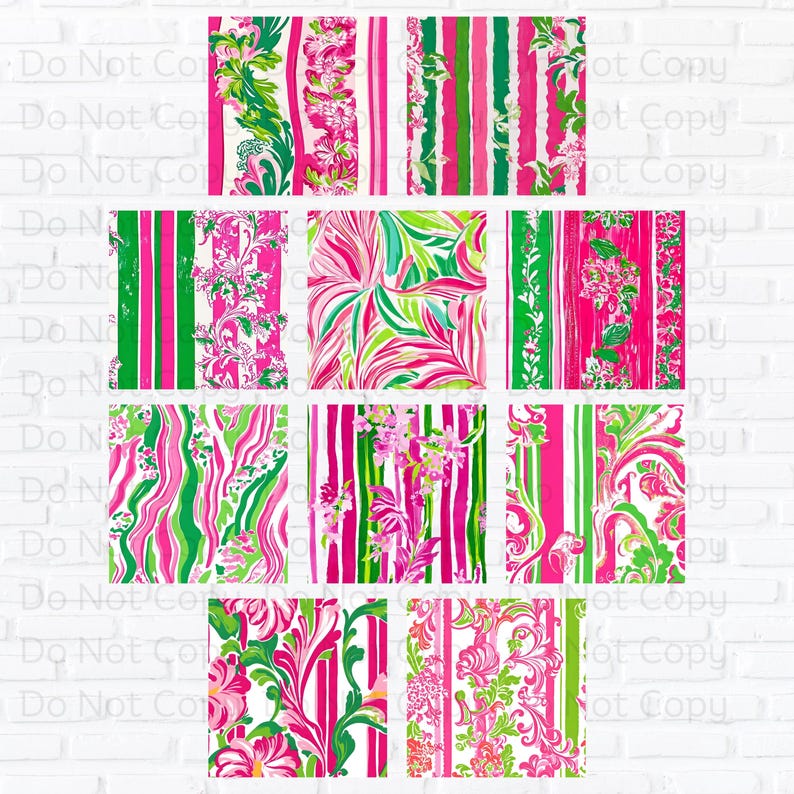 May include: A digital paper pack with 10 different patterns featuring pink, green and white floral designs. The patterns are perfect for scrapbooking, card making and other crafting projects.
