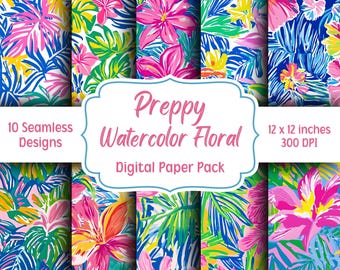 Confezione di carta digitale floreale acquerello preppy primavera ed estate, 10 design senza soluzione di continuità, carta per diario spazzatura, carta stampabile per album di ritagli