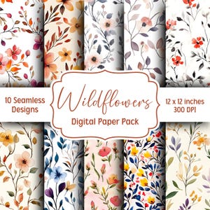 Wildflower Digital Paper Bundle, 10 Seamless Patterns, Watercolor Wildflowers Background, Scrapbook Papers, Junk Journal, Spring Florals
