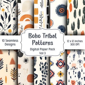 Boho tribal patroon digitaal papierpakket, neutrale inheemse patronen, 10 naadloze patronen, boho-achtergronden, afdrukbaar plakboekpapier