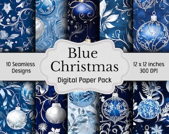 Blue and Silver Christmas Digital Paper Bundle, 10 Seamless Patterns, Junk Journal Paper, Printable Paper, Blue Christmas  Paper Pack