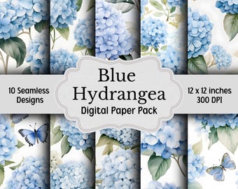 May include: A digital paper pack with 10 seamless designs featuring blue hydrangeas and butterflies. The pack includes 12 x 12 inch images at 300 DPI.