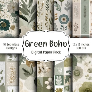 Sage Green Boho Digital Paper Pack, 10 Seamless Patterns, Green Floral Boho Backgrounds, Retro Floral Patterns, Printable Scrapbook Paper